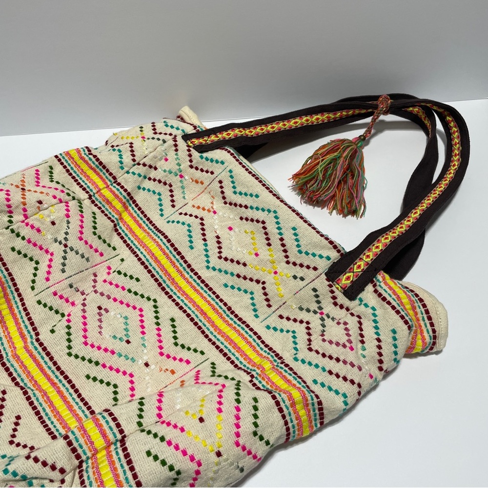Tote Bag Women OS Multicolor Boho Embroidered Canvas Tassel